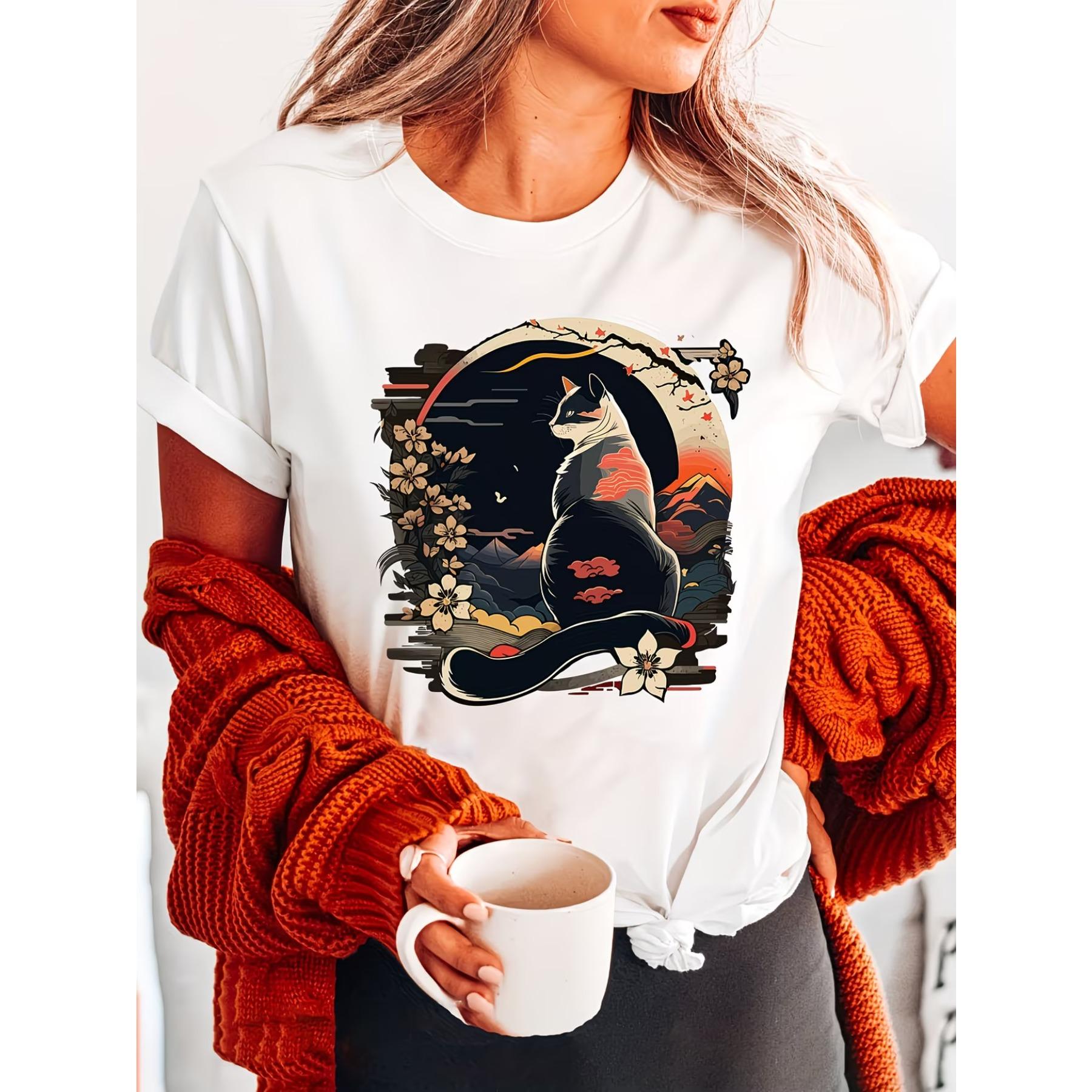 Ретро Кошка Мода Принт Буквы Футболка, Короткий Рукав Круглый Вырез Повседневный Топ для Весны и Лета S