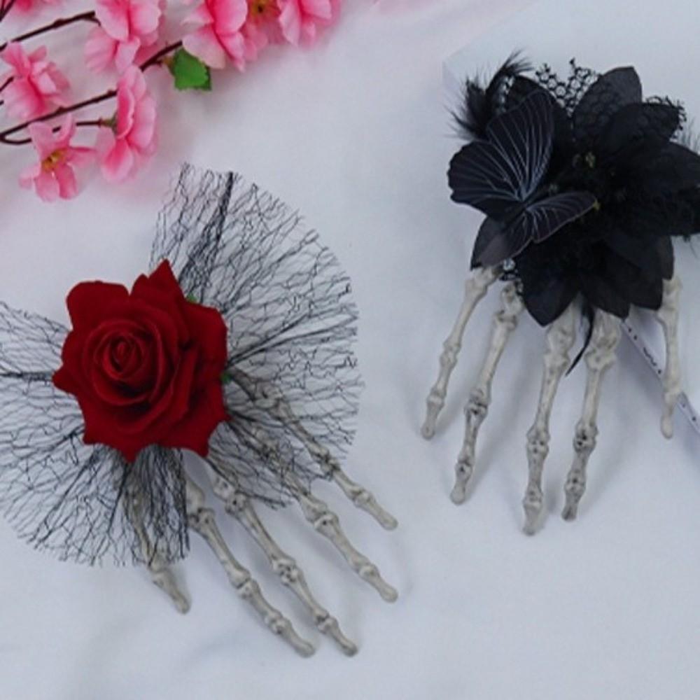 Skeleton Ghost Claw Hair Clip Flower Halloween Headwear Skeleton Hand Rose Hairpin  Children