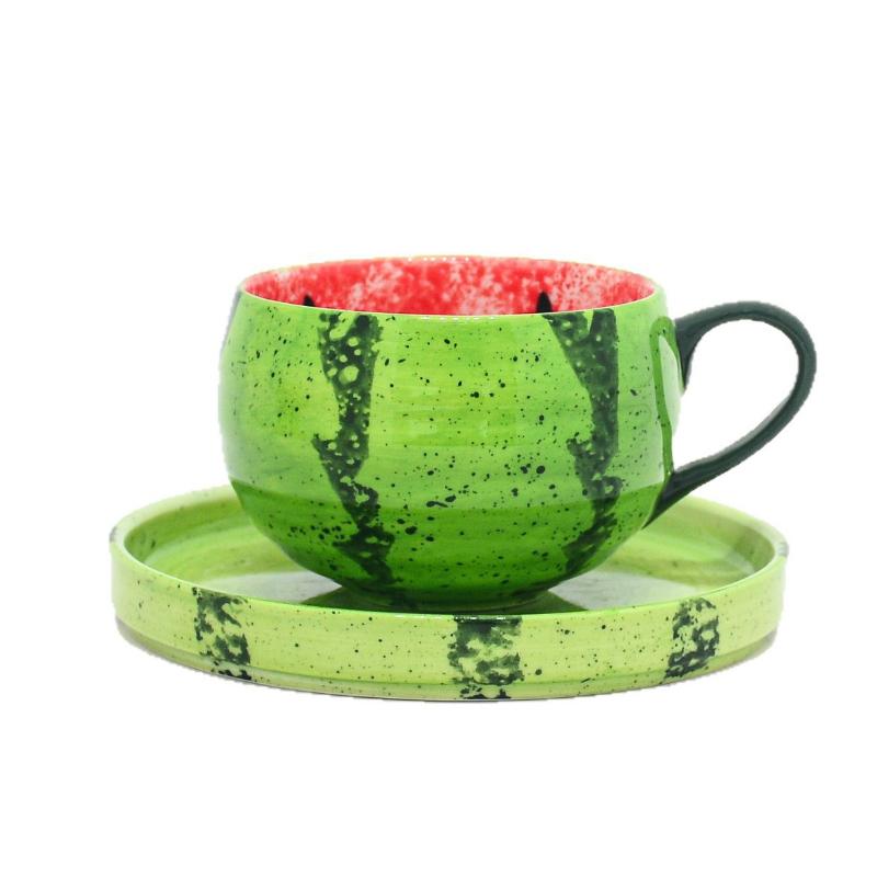 Korean Japanese Underglaze Watermelon Coffee Cup and Saucer Set Home Afternoon Tea Mug Breakfast Cup Water Cup
