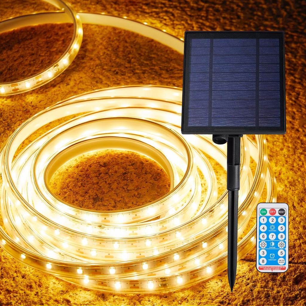 LED Strip 8 Lighting Remote Solar and USB for and Parties Solar-Powered Light, Outdoor, Modes, Control, Waterproof, 3000K, Charging, Gardens, Decks,