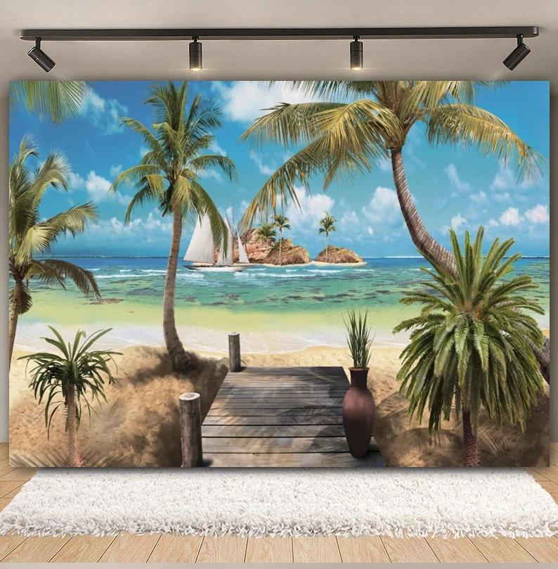 Tropischer Strand Ozean Fotografie Hintergrund Sommer Meeresufer Palme Naturlandschaft Baby Geburtstag Feier Party Foto Hintergrund
