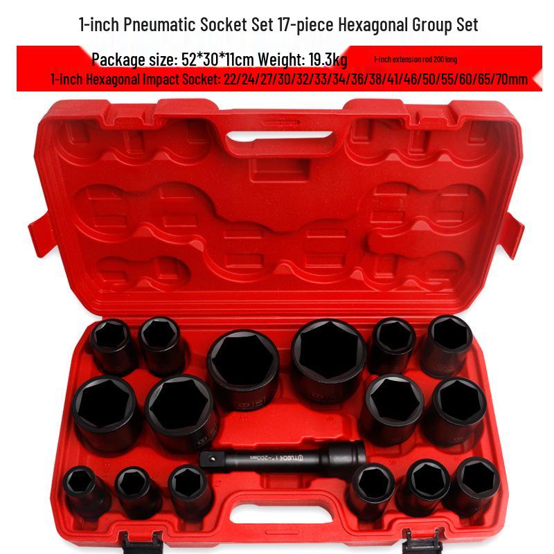 17-Piece 1-Inch Heavy-Duty Pneumatic Impact Socket Set with Extended Hexagonal Design