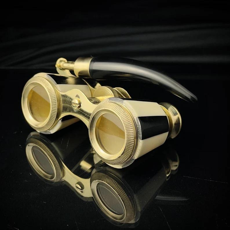 

Black Mother of Pearl Opera glasses with handle Brass Binoculars for Bird Watching, Anniversary Gift For Wife, Gift for Grandparents чорний/золотий