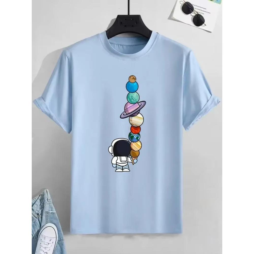 New Men's Cartoon Astronaut and Planet Print T-Shirt Best Selling Cotton Short Sleeve Top Bag Shipping