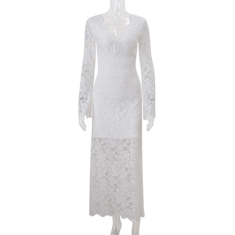 

European and American Sexy Style V-neck Lace Horn Long sleeve dress Women High Sense Slim fit Temperament Sheath Formal Dress Long dress White(With lining version) L