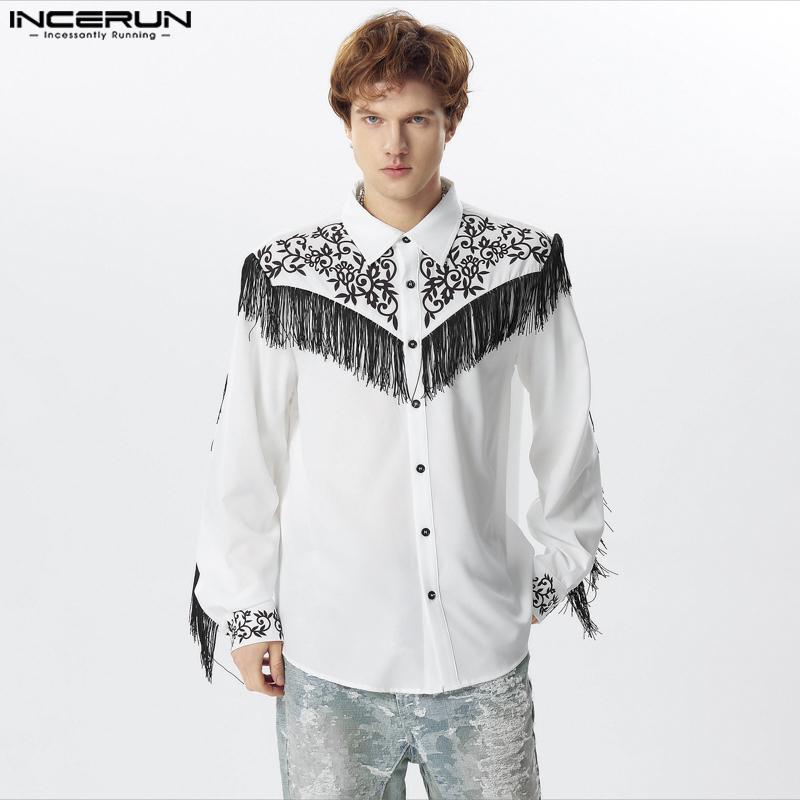 

INCERUN Men Lapel Long Sleeve Tassel Shirts Print Button Up Tops