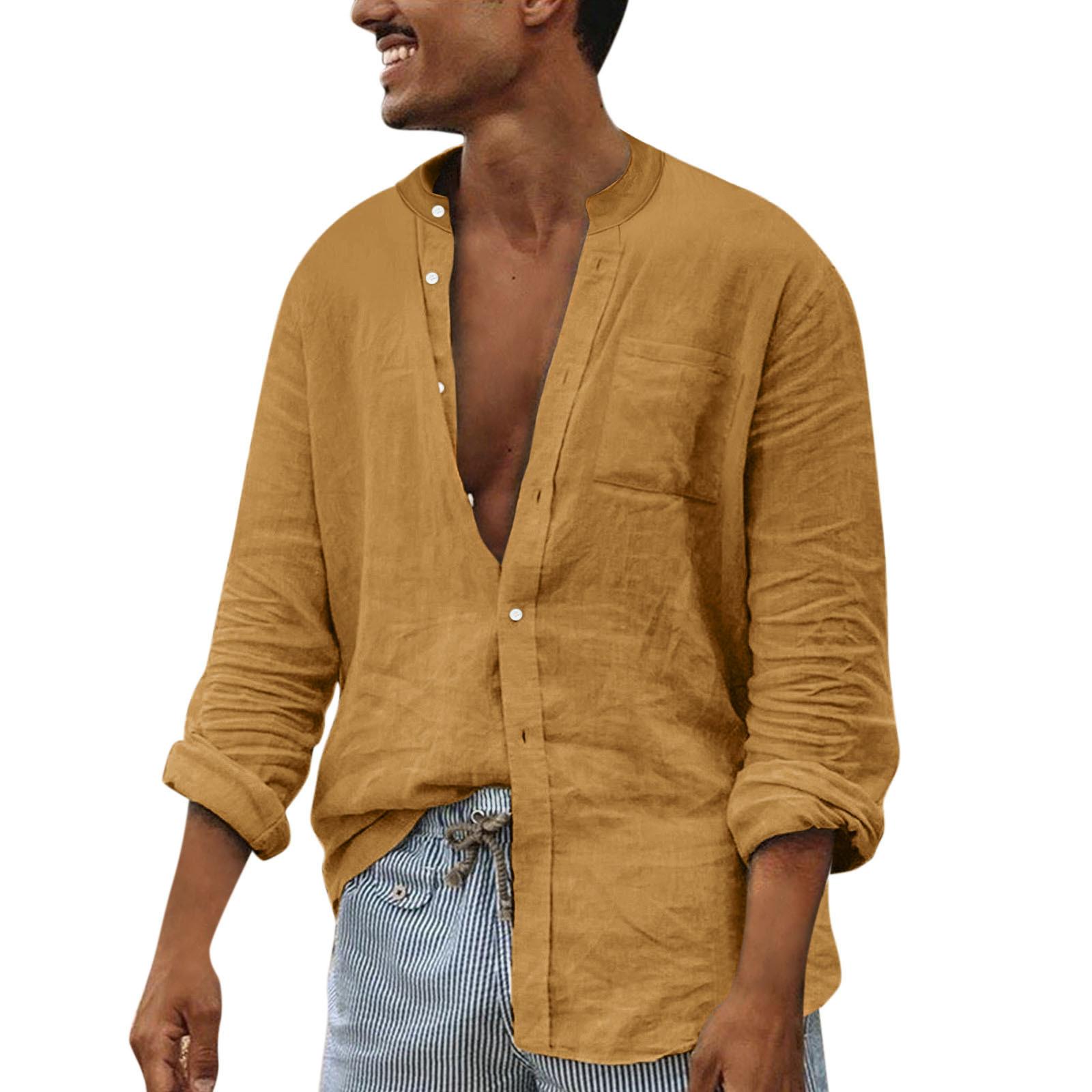 

Дизайнерские весенне-летние мужские повседневные хлопковые льняные рубашки с длинным рукавом, свободные рубашки M коричневый