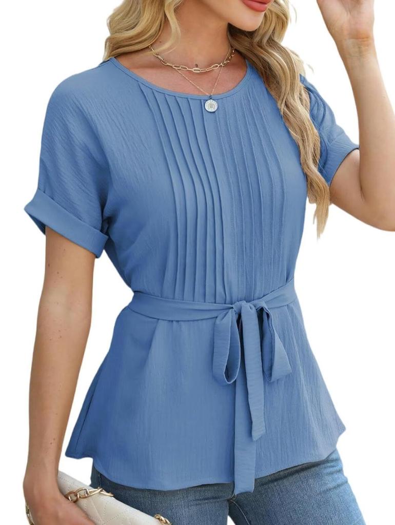 Women's T-shirt Spring and Summer New Casual Shirt Ruffled Round Neck Short Sleeve Top Fashion Women