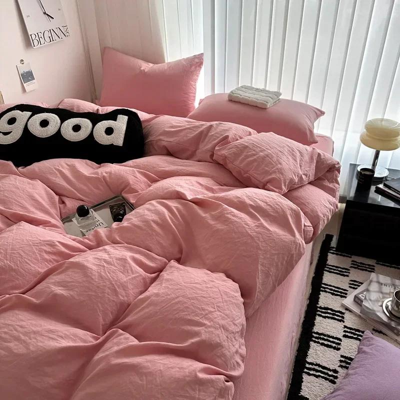 Washed Cotton Bed Linen Bedding Set 3/4 Pieces Bed Sheets Set Solid Color Comforter Cover Couple Queen King Size Bed Quilt Cover