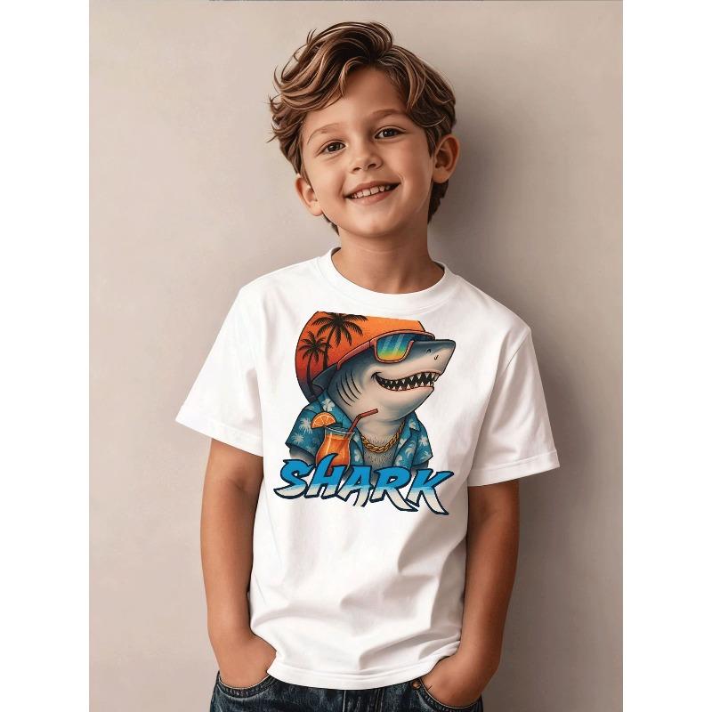 Boys Summer Crew Neck Short Sleeve T-Shirt with Cartoon Shark in Glasses & Silver Letter Print 110 белый