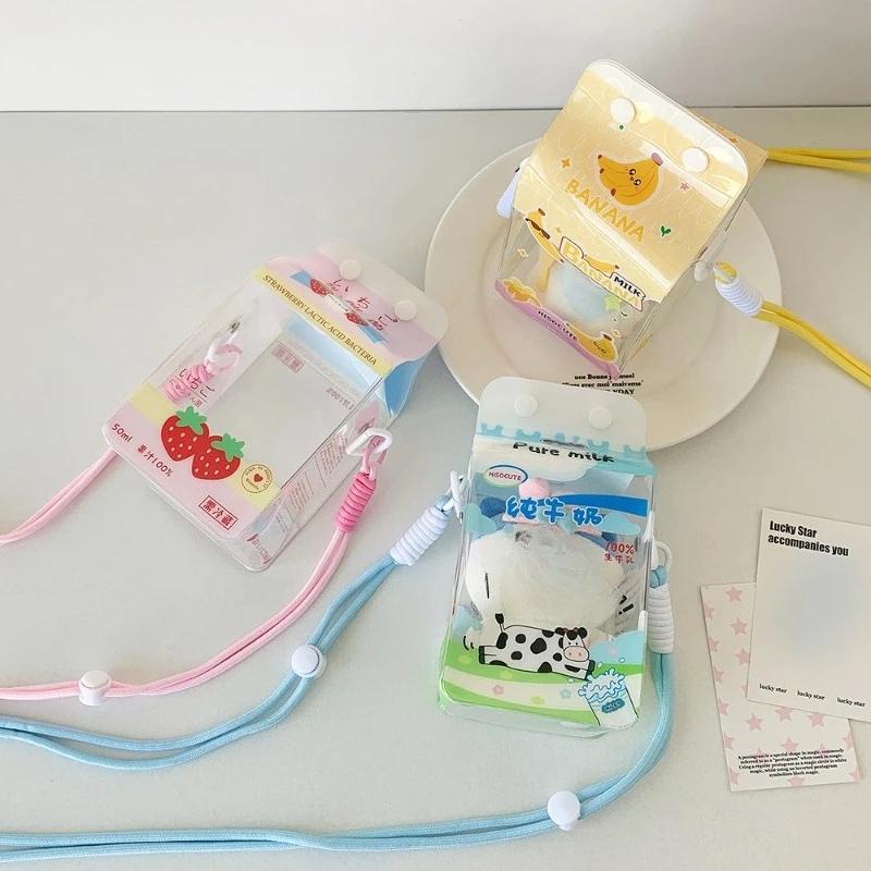 Cartoon Banana Milk PVC Storage Bags for 13cm Plush Doll Transparent Protective Case Cotton Doll Shoulder Pain Bag with Rope