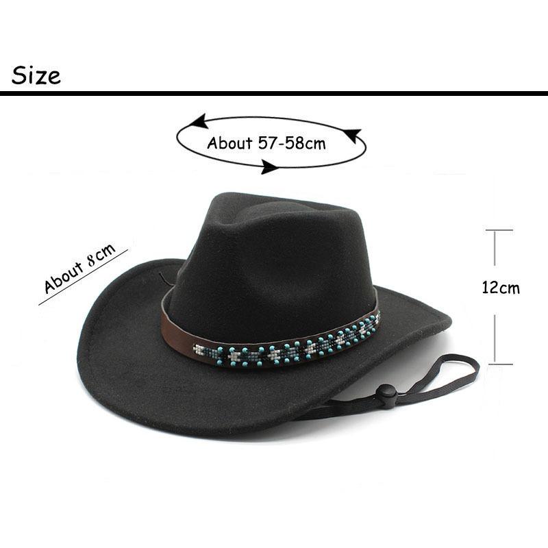 Tibetan Style Western Cowboy Hat Large Brim Wool Felt Hat 10 Colors Windproof Rope