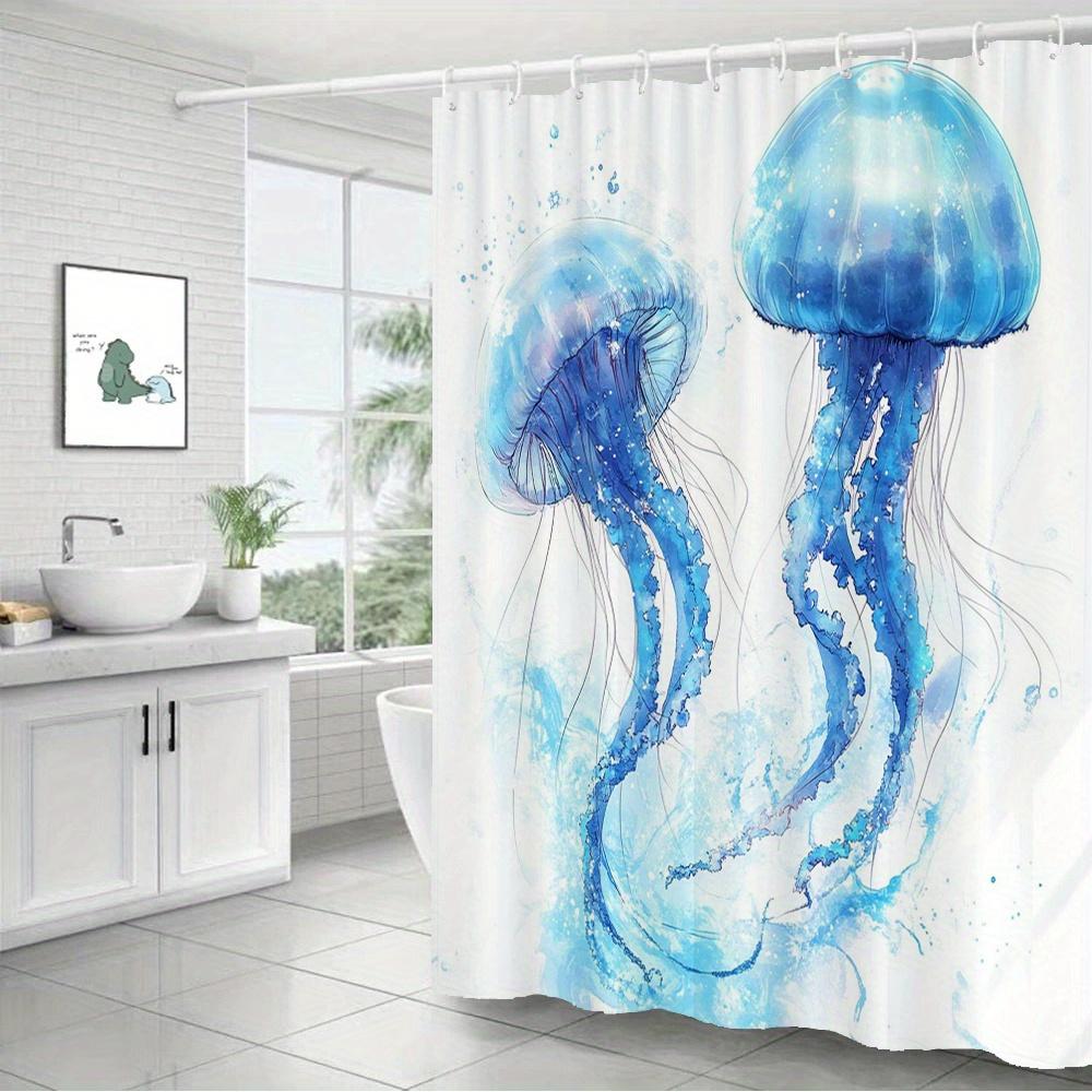 Exquisite Fashion Items Blue Watercolor Jellyfish Shower Curtain – 2 Translucent Medusae, 2D Flat, 12 Hooks, 70.8×70.8 In, Polyester, Machine Washable