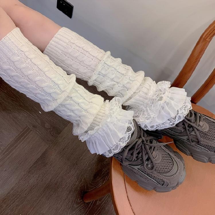 Japanese Women Cable Knitted Leg Warmer Cute Bow Tiered Ruffled Lace Calf Socks