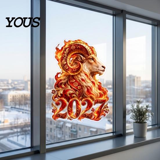 Store Window Ornaments 2027 Zodiac Sheep Static Clings, Red Russian New Year Glass Decals, Seasonal Decals Reusable No Residue Stickers for Home Shop