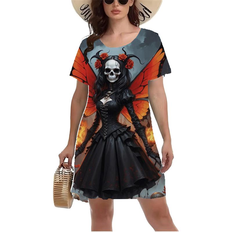 Vintage Totenkopf Rose Blume Bedrucktes Kleid Damen Große Größe Kurzarm Rundhals Kleid Sommer Harajuku Lässig A-Linien Kleid Vestidos