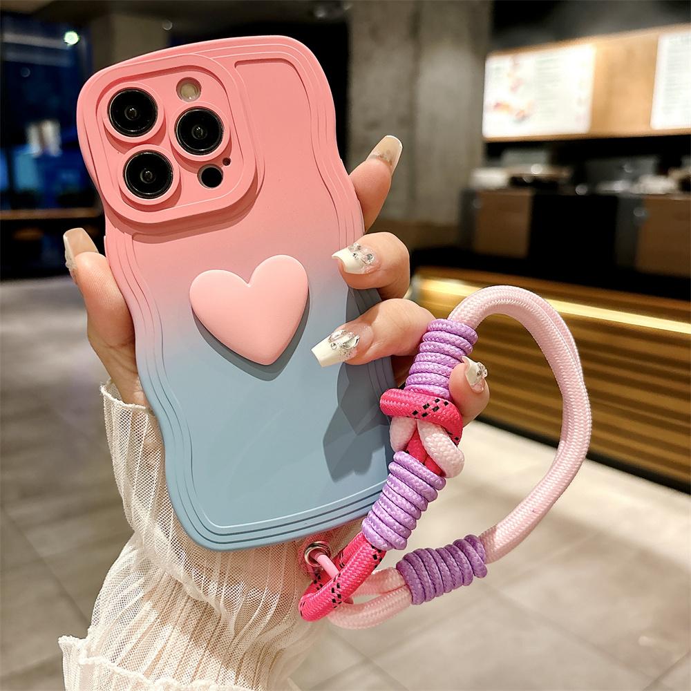 Cartoon Love Heart Gradient Lanyard Case for For Iphone 16 1 14 17 Pro Max Air Plus 12 13 11 Xr Xs Hand Wrist Strap Wave Soft Cover