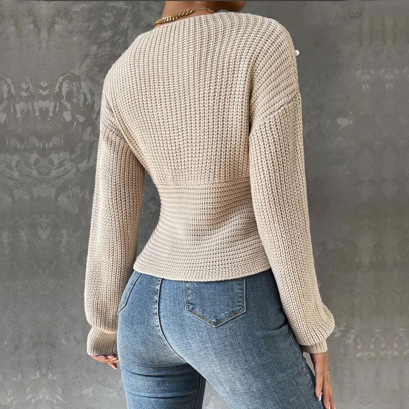 New Autumn Women's One-Shoulder Slim Fit Knit Sweater with Nail Beads