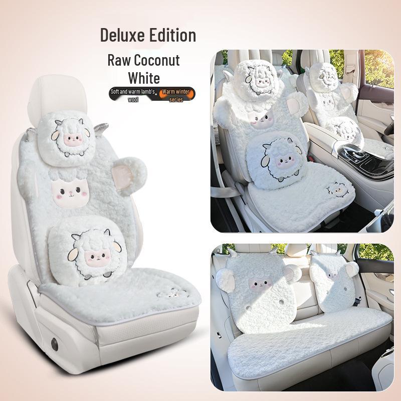 Women's Cute Cartoon Plush Winter 3-Piece Car Seat Cushion Set for Five-Seat Vehicles