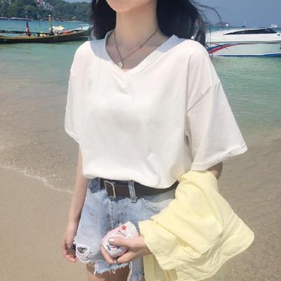 Solid Color V-neck Loose Casual Short-sleeved T-shirt for Women's Summer Clothing Korean Style Student Tops Women's Base Shirt Women's Clothing