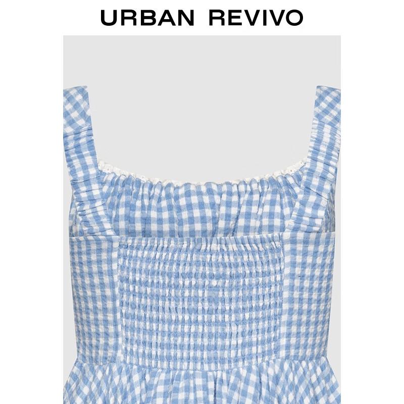 UR 2025 Summer Lace Gingham Shirring Mini Dress