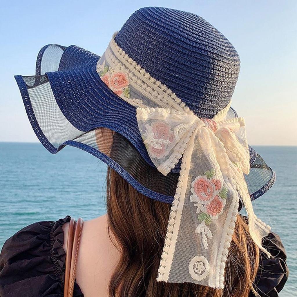 Summer Beach Straw Sun Hat Breathable Sun Hat Travel Wide Brim Summer Straw Hats with Ribbon for Outdoor Sports Hiking Travel