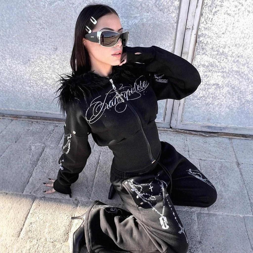 ZYLLO American Retro Rock Gothic Graphic Fur Collar Loose Zipper Sweatshirt Y2K New Harajuku Punk Casual Joker Hoodie Streetwear