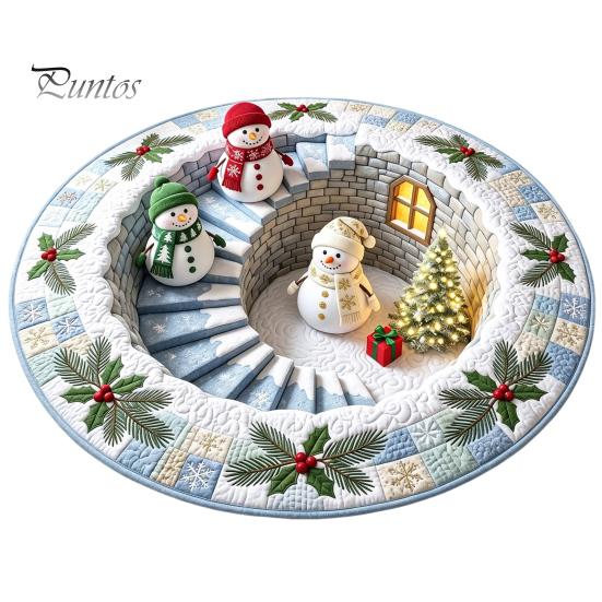 Indoor Decorative Floor Covering Round 3D Christmas Rug, Vortex Optical Illusion Area Santa Snowman Staircase Quiet Play Mat for Kids Depth