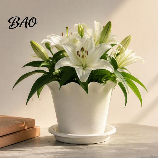 Flower Pot for Balcony Wavy Edge Planter with Saucer, Thickened Breathable Plastic Drainage Holes, Modern Plant Indoor Outdoor Plants Round
