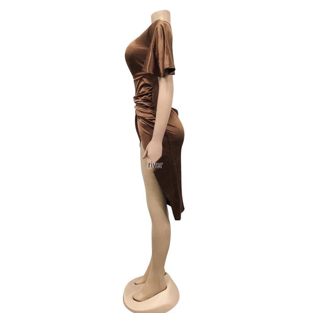 One-Shoulder Slit Midi Dress - Women's Fashion Solid Color, Europe & America Style