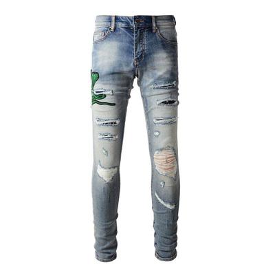 Moda di Strada Vintage Blu Uomo Slim Fit Skinny Strappati Ricamo Jeans