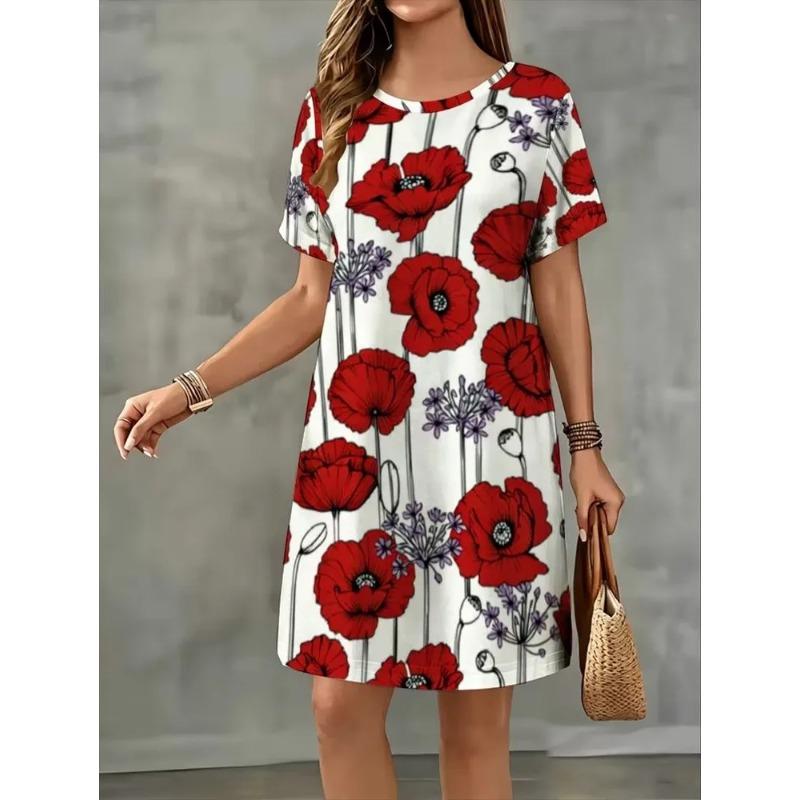 Summer Ladies 3D Printed Short Sleeve Dress Fashion Versatile Breathable Trend Casual