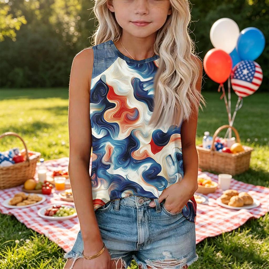 Sleeveless Loose Fit Tank Top with Abstract Swirl Print and Denim Shoulder Panels Round Neck Casual Summer Shirt for Women