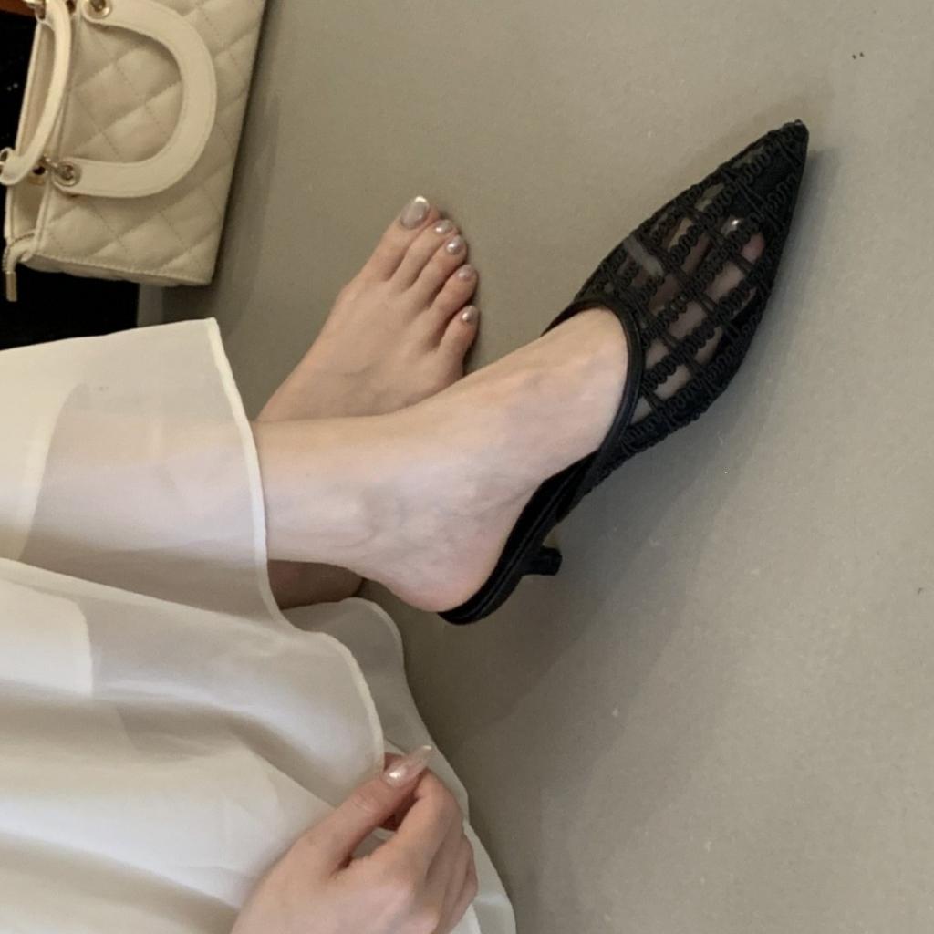 French Fairy Breathable Mesh Lace Bag Head Sandals Female Summer Kitten Heel Empty Single Shoes