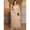 Plus Size Womens Elegant Sequined Bridesmaid Dress V-Neck Long Sleeve Slit Fitted Temperament Wedding Party Dress