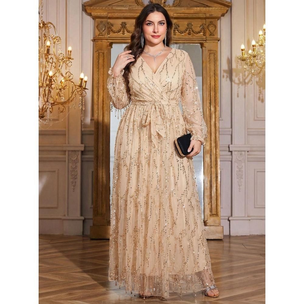 Plus Size Womens Elegant Sequined Bridesmaid Dress V-Neck Long Sleeve Slit Fitted Temperament Wedding Party Dress