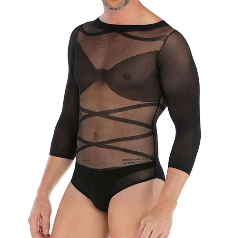 Men Bodysuit Sexy Mesh Sheer Body Stockings Cross Strap Men Long Sleeves Pantyhose Underwear Jumpsuit Romper Gay Lingerie Bikini