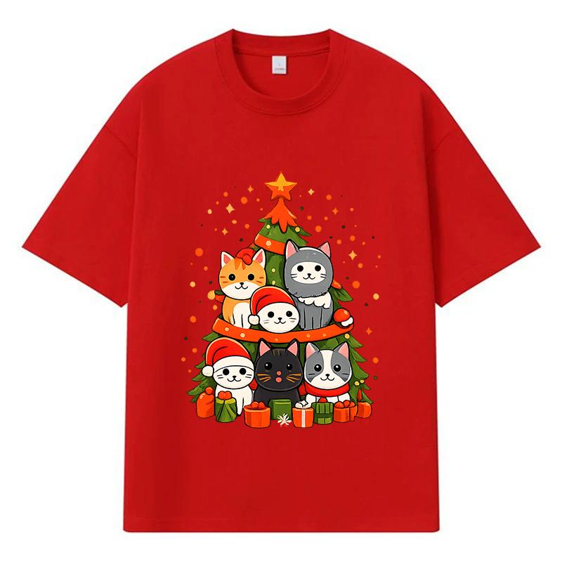 2026 Christmas Tree with Cats Printed Graphic Y2k Harajuku Streetwear 100% Cotton T Shirt Casual Oversized Summer Men T-shirt