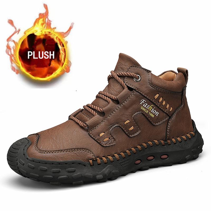 Microfiber Leather Men Boots Outdoor Sports Non-slip High-top Hiking Shoes for Men Optional Plush Winter Ankle Boots Big Size