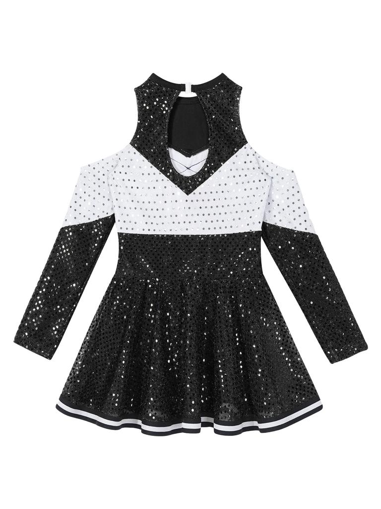 Girls Cheerleading Dress Long Sleeve Off Shoulder Round Neck Contrast Color Shiny Sequins Dance Costume