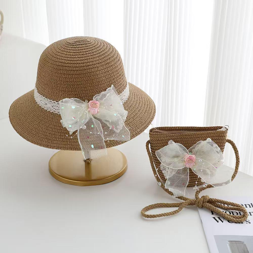 Girls' Lace Bow Sun Protection Straw Hat – Summer Outdoor Beach Bucket Hat