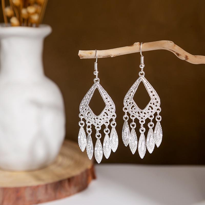 Ethnic Miao Silver Style Long Tassel Earrings with Ancient Scenic Stud Design for Women