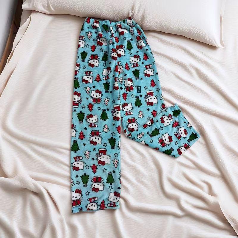 Women's Winter KT Cat Cartoon Flannel Sleep Pants - Thick, Warm, and Cozy for Home