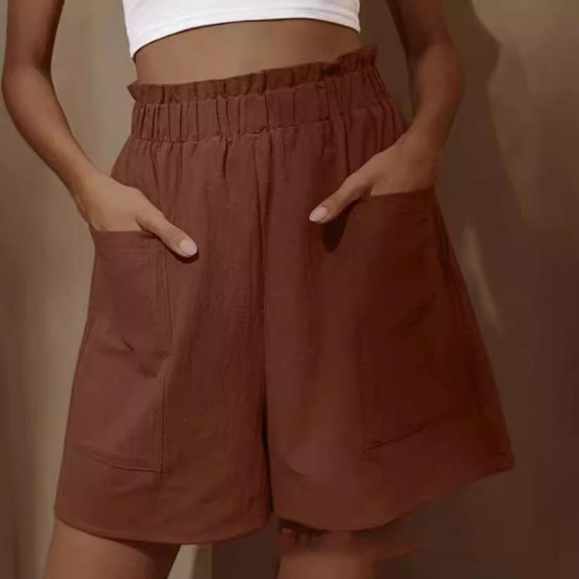 Pantaloni scurți casual din bumbac și in cu talie înaltă, cu imprimeu floral și picior larg, mărime plus