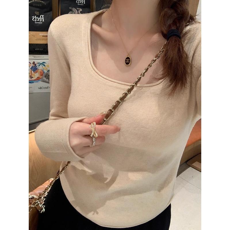 Premium Solid Color Curled Square Neck Knitted Top Women's Autumn and Winter Temperament Thin Bottoming Shirt Slim Short Sweater