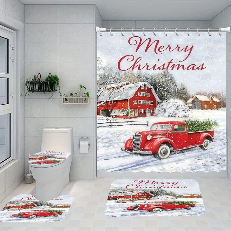 Christmas Series Shower Curtain Digital Printing Bathroom Shower Curtain Four-Piece Polyester Shower Curtain