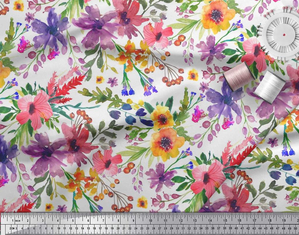 Soimoi Japan Crepe Satin Fabric Flower & Leaves Watercolor Decor Fabric Printed metre 42 Inch