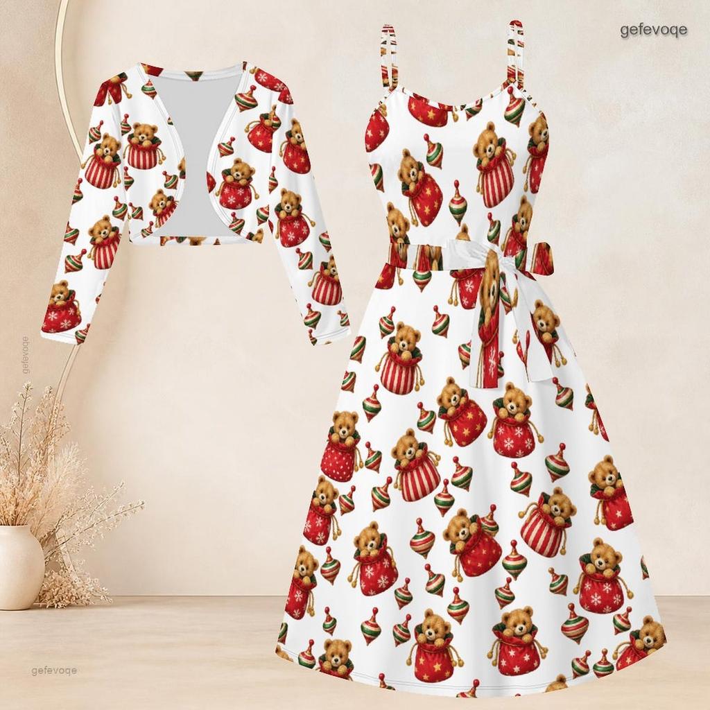 Women Plus Size Two Piece Set Long Sleeve Cropped Shrug Strappy Tie Waist Christmas Bear Printed White Dress