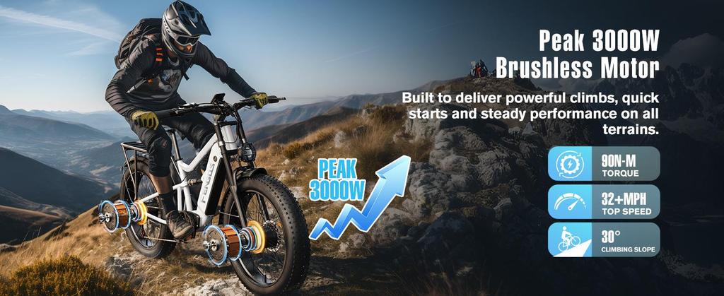 Elektrické kolo FENGQS H6 PRO Dva 750W motory 52V 17.5Ah Baterie 26*4.0 palcové Pneumatiky 60km/h Maximální Rychlost 140km Maximální Dojezd 7rychlostní