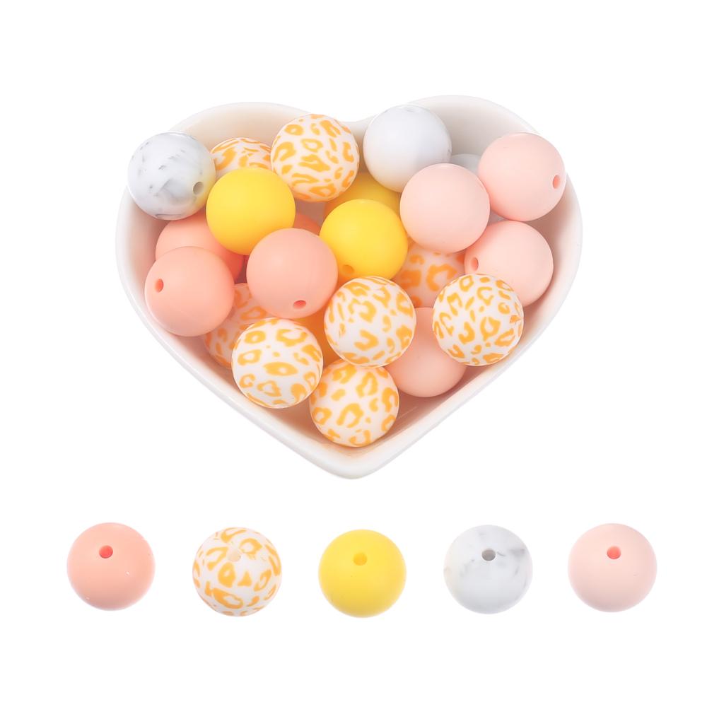 15mm 30Pcs Silicone Beads Round Print Food Grade Teething Beads for Baby Toy Soft Chew Teething DIY Pacifier Clips Necklace